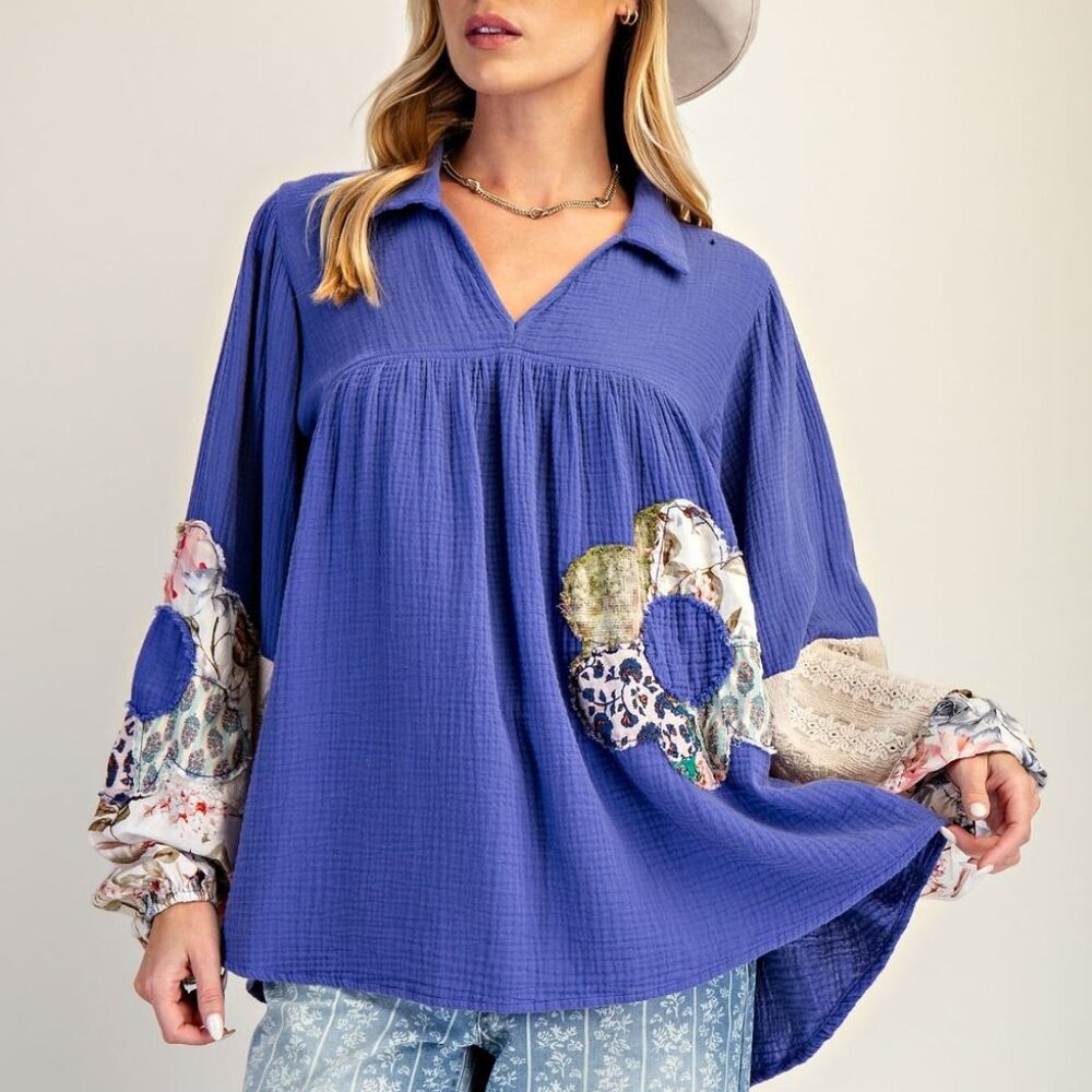 E26 Easel Royal Blue Flower Patch Detail Washed Cotten Gauze Tunic Reg & Plus